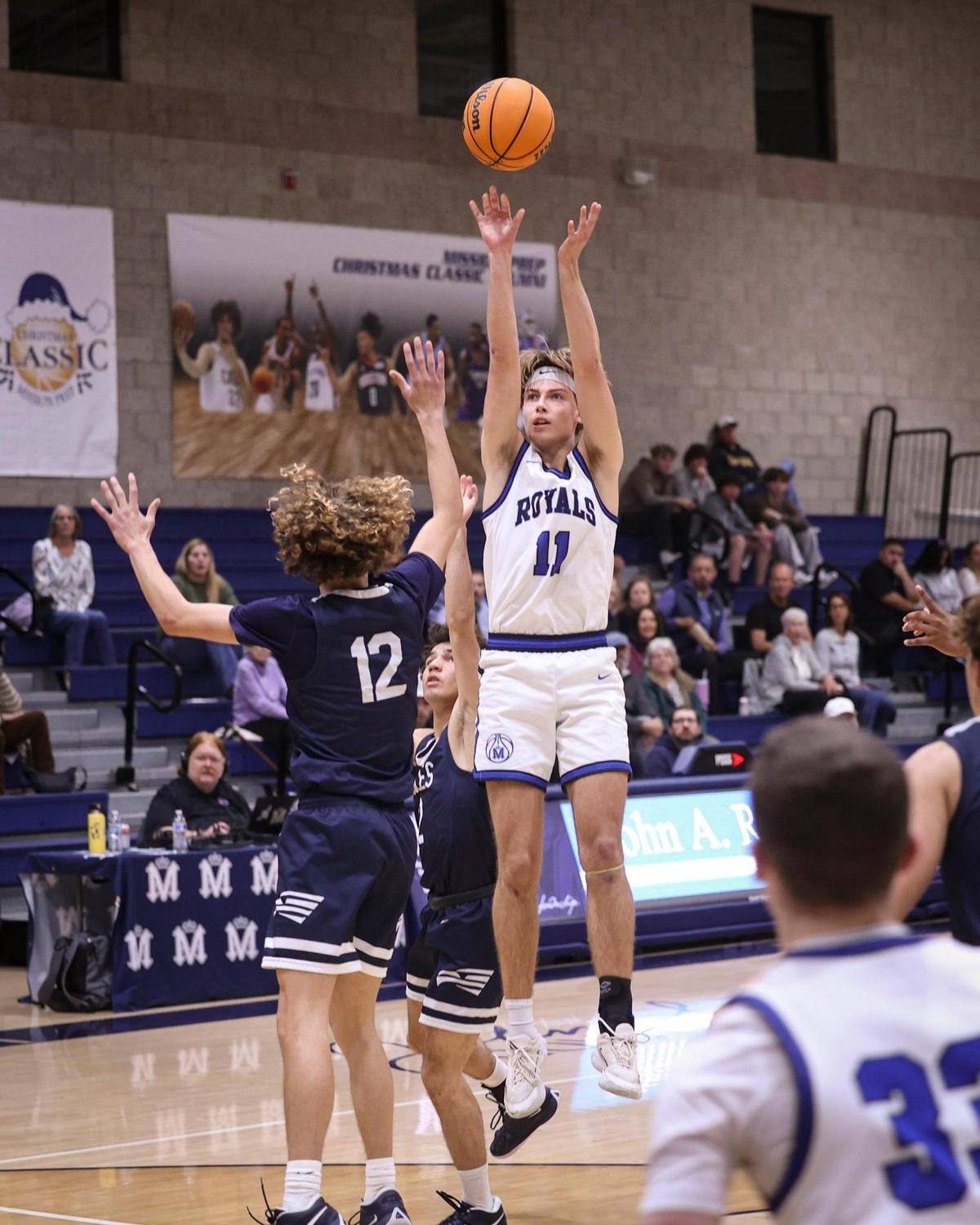Roman Benedetti shoots. Mission Prep beat Arroyo Grande High School 61-44 in a boy’s baskeball game on Jan 10, 2025.