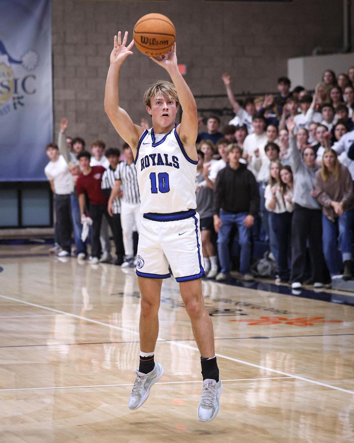 Brayden Mott takes a shot as Mission Prep lost to San Gabriel Academy in the CIF state Division 3 basketball tournament March 6, 2025.