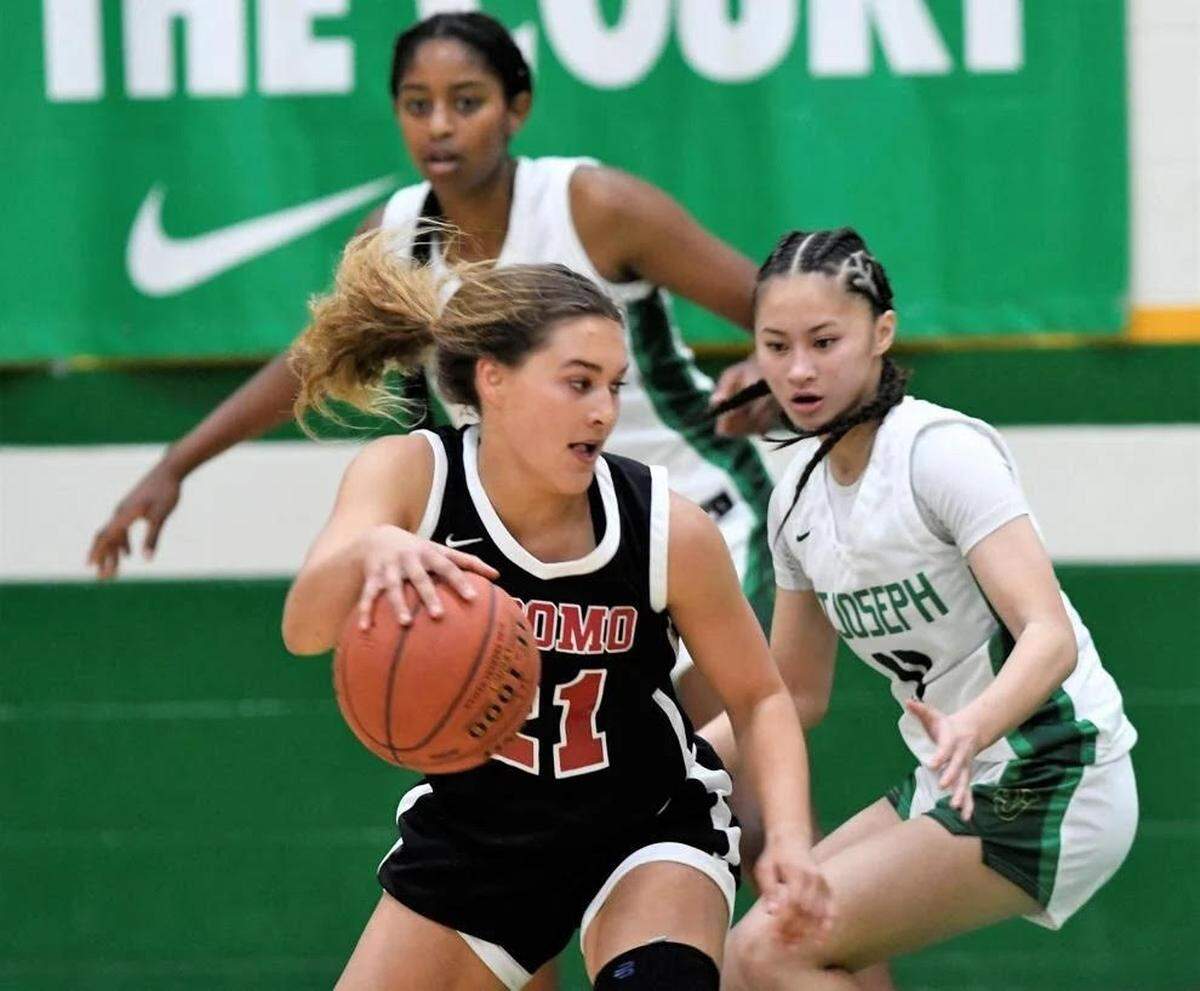 Nipomo High School guard Makennah Simonson dribbles the ball against St. Joseph. She is The Tribune’s SLO County Player of the Year.