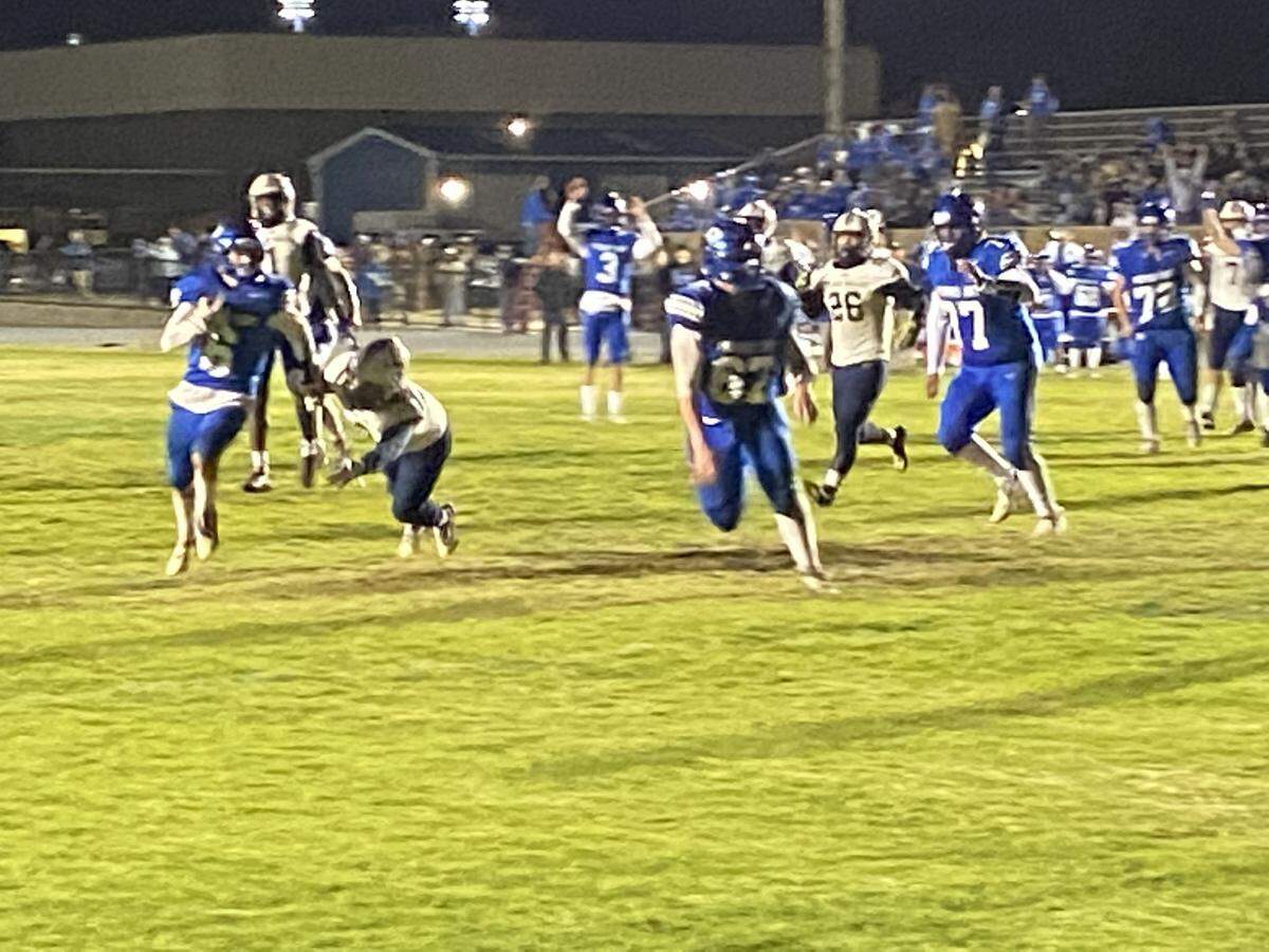 Caleb Calhoun scores a touchdown for Morro Bay in the Pirates’ 28-25 win over Golden Valley on Nov. 4, 2022, in the first round of the CIF Central Section playoffs.
