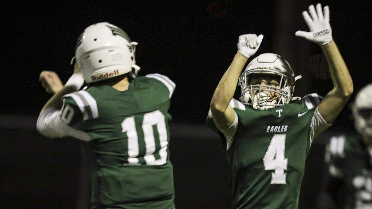 Quarterback Colter Tannehill celebrates touchdown with Ethan Armet. Templeton beat Coalinga 40-14 in a playoff football game Nov. 14, 2025.