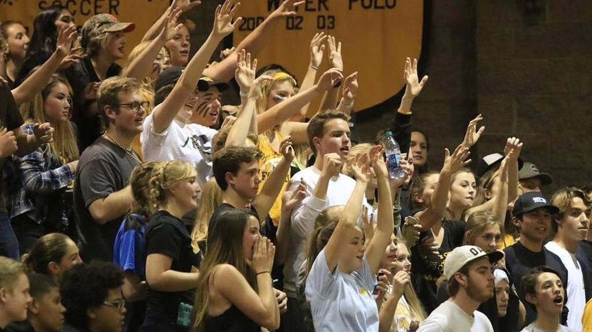 The crazy student section at San Luis Obispo High last year during the Tigers basketball game against Mission Prep.
