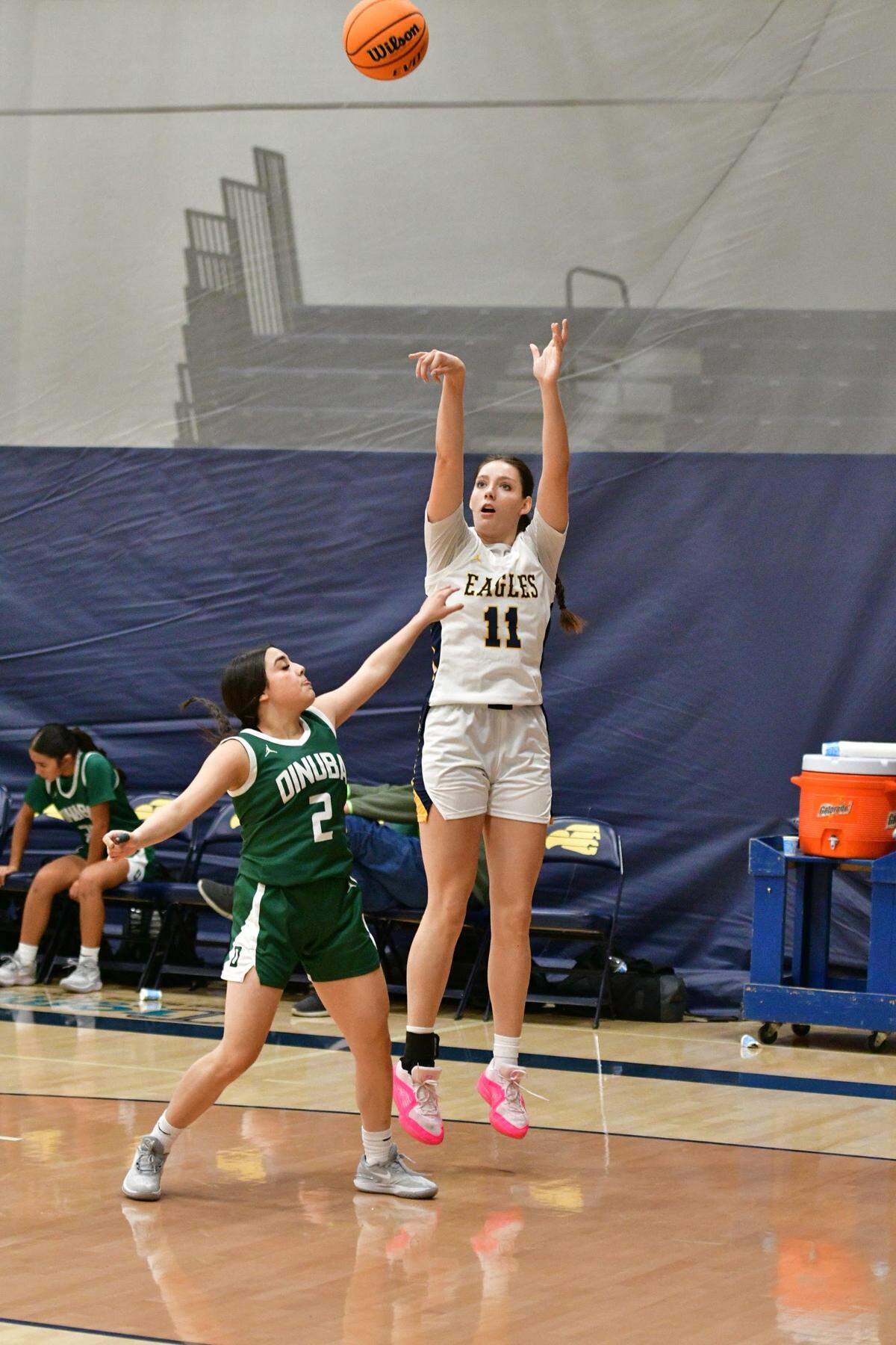 Diana Sorrondo launches a shot in a Dec. 15, 2023, game against Dinuba. The Eagles won 54-11.