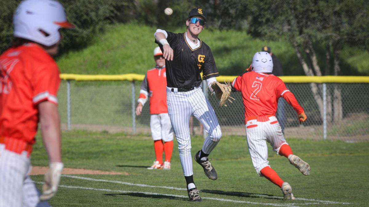 First baseman Joe Isaman opted to go home on this hit by Evan Wanner but Even Churchill ended up scoring the Greyhounds only run. In a game that saw sparkling plays on defense and good pitching, San Luis Obispo beat Atascadero 2-1 on April 3, 2025.