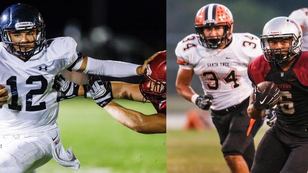 Arroyo Grande senior quarterback Sawyer May (left) and Nipomo senior running back/linebacker Isaac Bausley were named MVPs of their respective leagues.