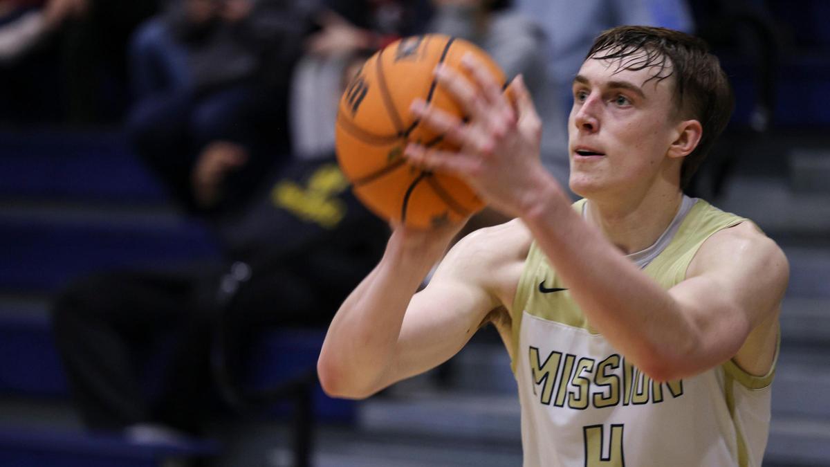Luke Jacobson takes a shot. Mission Prep won 74-48 over Hanford in a boy’s basketball playoff Feb. 13, 2024.