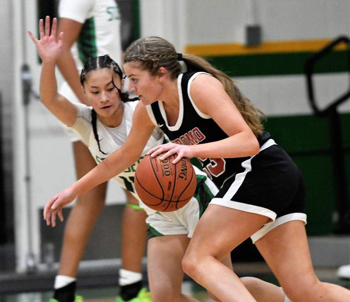 Nipomo’s Kacie Slover dribbles the ball against St. Joseph.