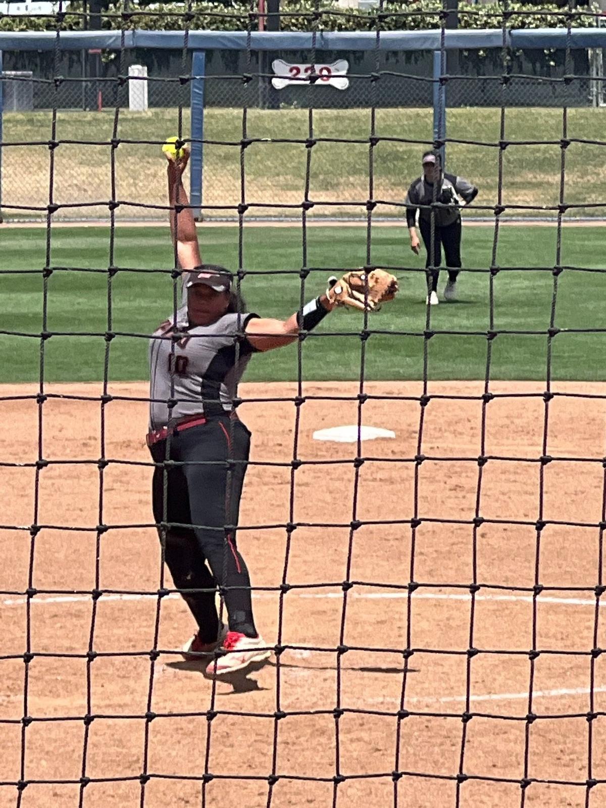 Key-annah Pu’a pitches for Nipomo softball, which won 16-3 versus Arvin to take the Division 6 CIF title.