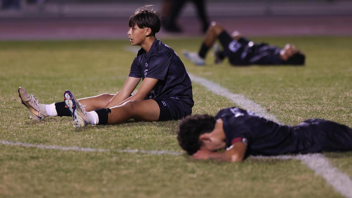 Emotion caught up with the team after the final whistle, Jaeden Arreguin at center. Nipomo lost 2-0 to Granite Hills High School of Porterville in CIF-Central Section boys Division 5 soccer final match on Feb. 26, 2025.