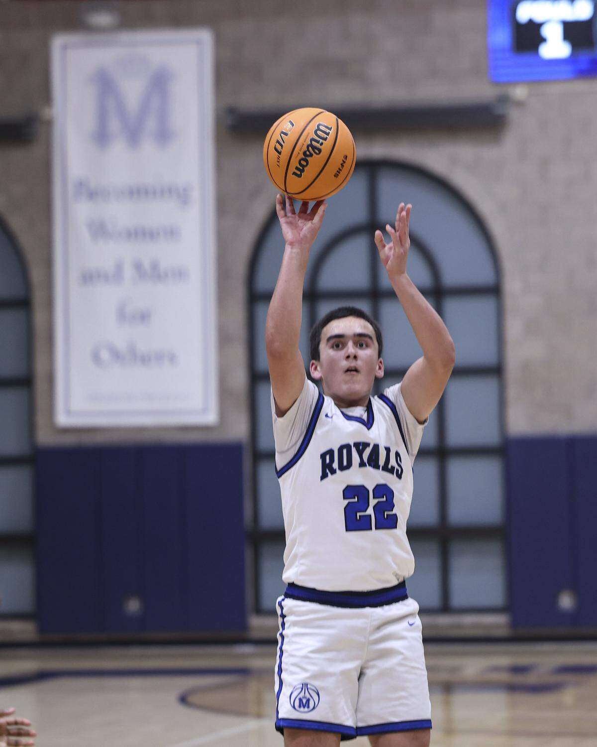Jackson Esparza takes a shot. Mission Prep boy's basketball team beat Lemoore 69-43 on Feb. 13, 2026 in the first game of ;the playoffs.