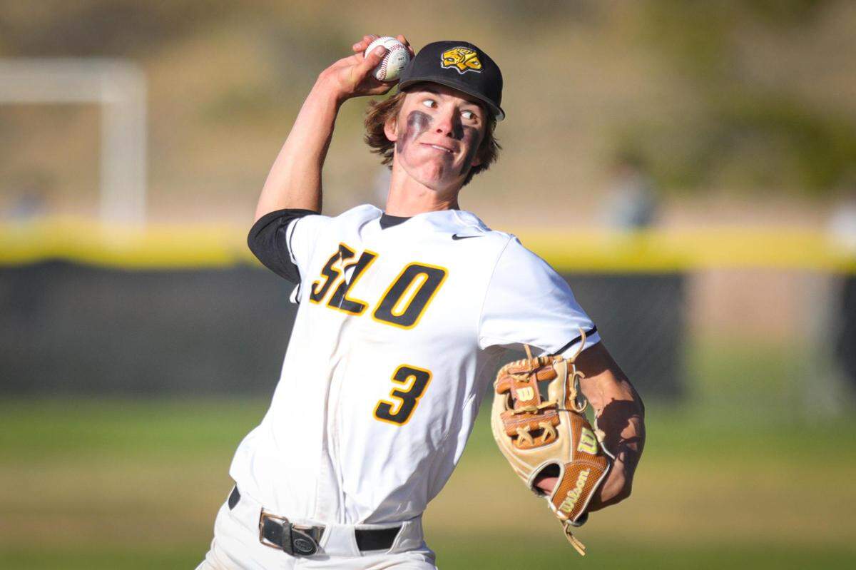 Noah Clausen pitches for the Tigers. San Luis Obispo won 3-1 over Arroyo Grande in a baseball game in SLO May 12, 2022.