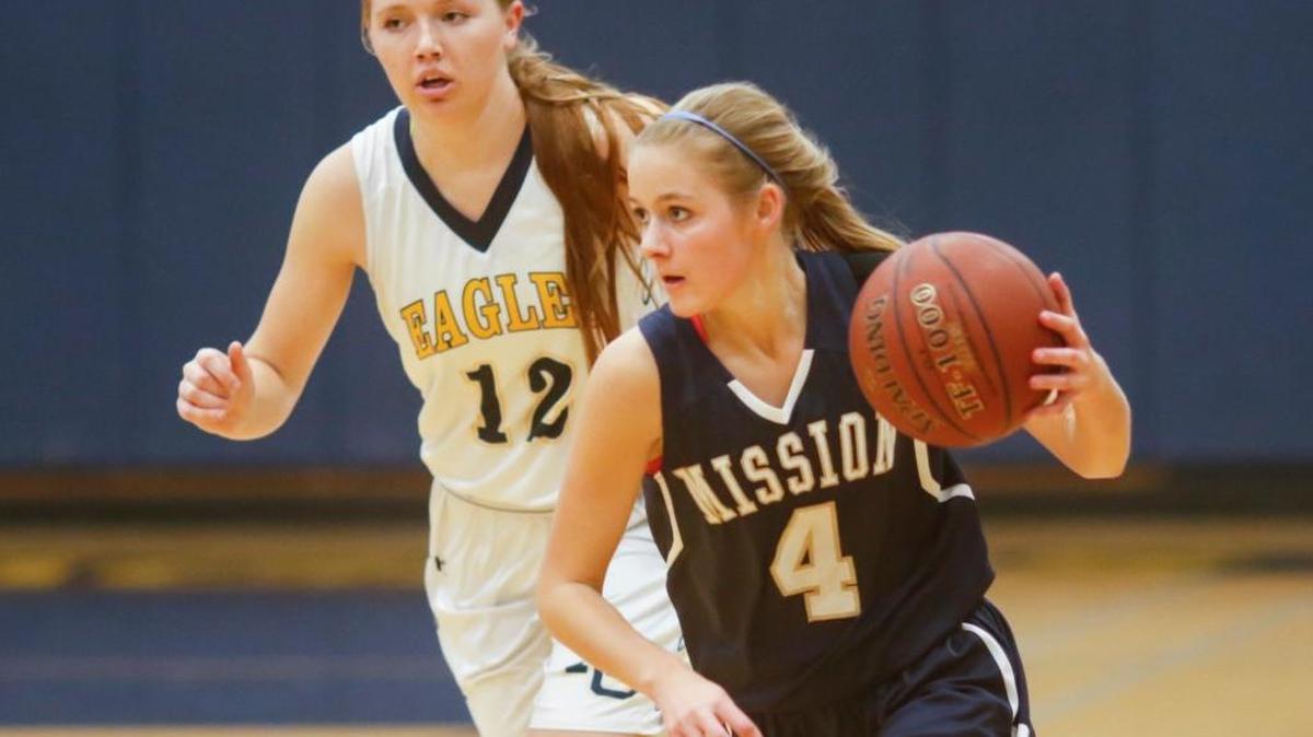Mission Prep’s Jaqueline San Jule dribbles past an Arroyo Grande defender during a girls basketball game Jan. 11.