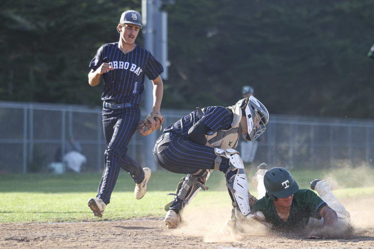 Ryder Garcia was out at home with tag applied by Tanner Gray and backed up by Queentin Crotts. Templeton beat Morro Bay 2-0 on May 15, 2026 in the Division III 2026 CIF Central Section Baseball Championship playoff.. 