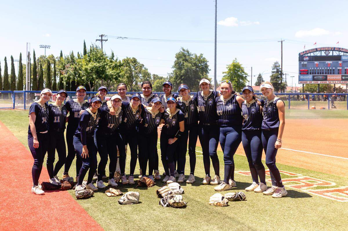 Mission Prep celebrates its Division 4 Central Section softball playoff title.