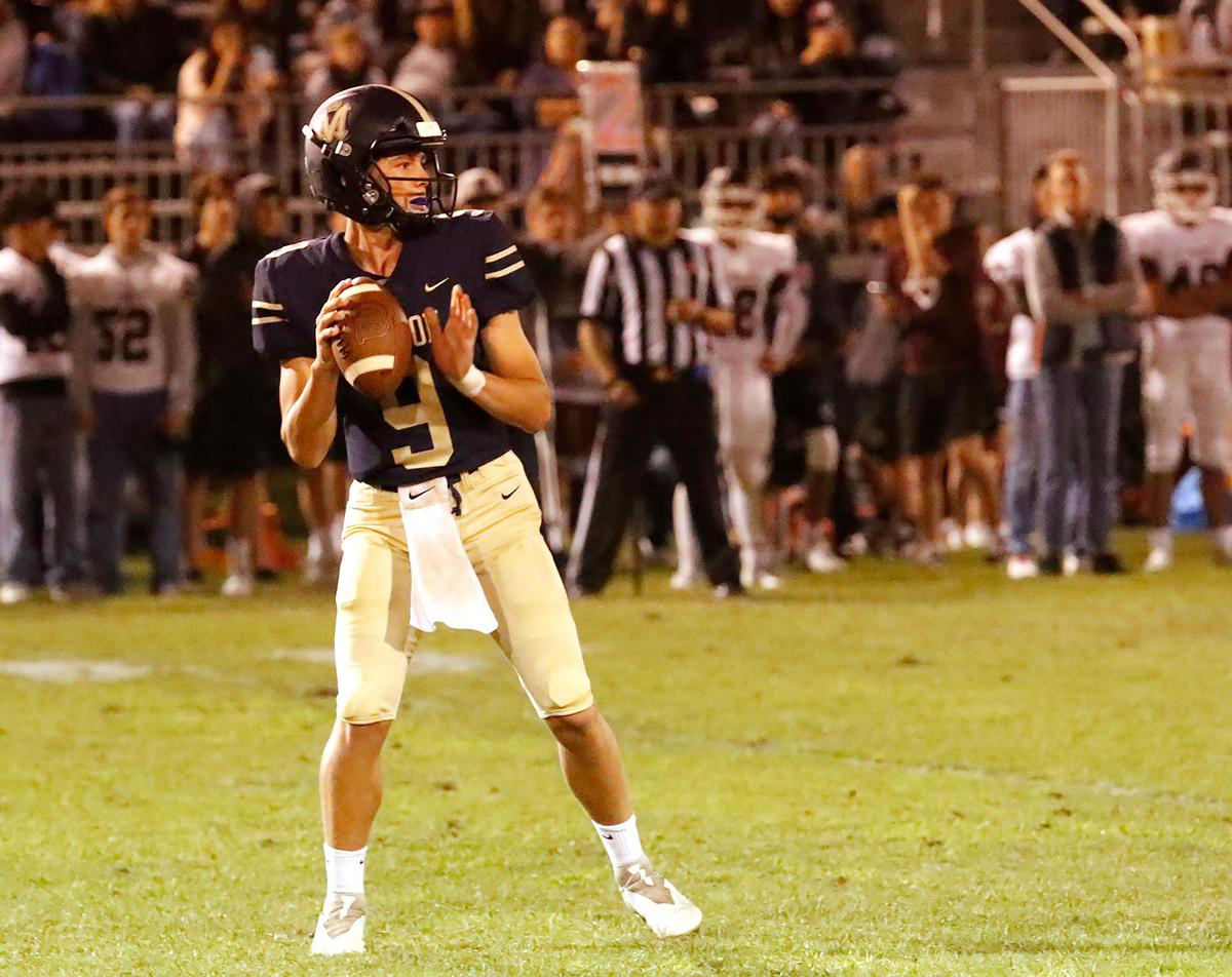 Mission Prep quarterback Colby White looks for a receiver during the Royals’ Week 3 win over St. Francis of Watsonville on Sept. 10, 2021.
