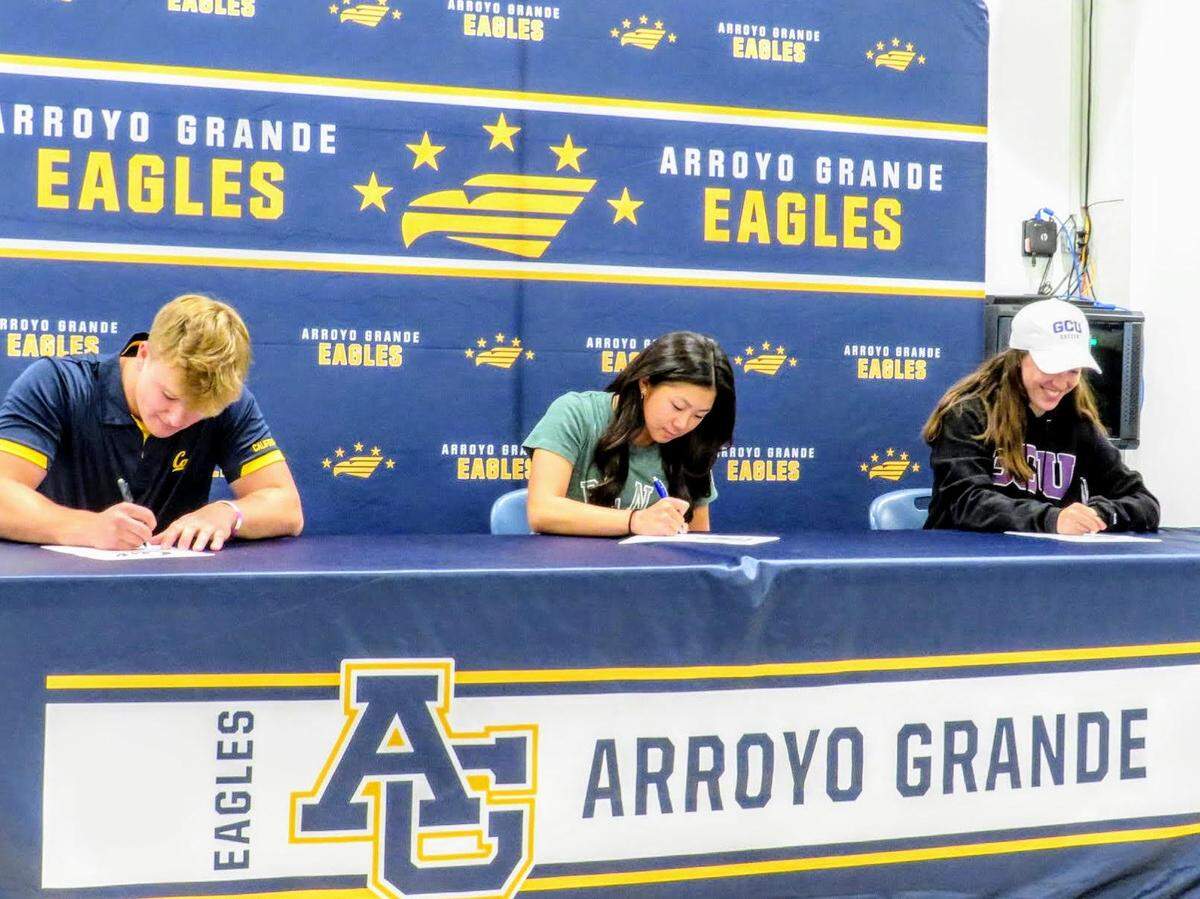 Ryan Tayman (Cal Berkeley baseball), Bella Gunasayan (Point Loma) and Elise Flores (Grand Canyon University) signed their national letters of intent at Arroyo Grande High School this week.