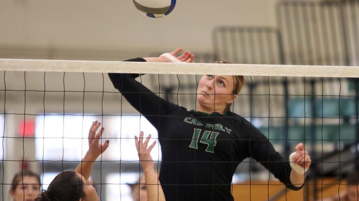 Cal Poly freshman Madilyn Mercer goes up for the kill during a match with UC Irvine.