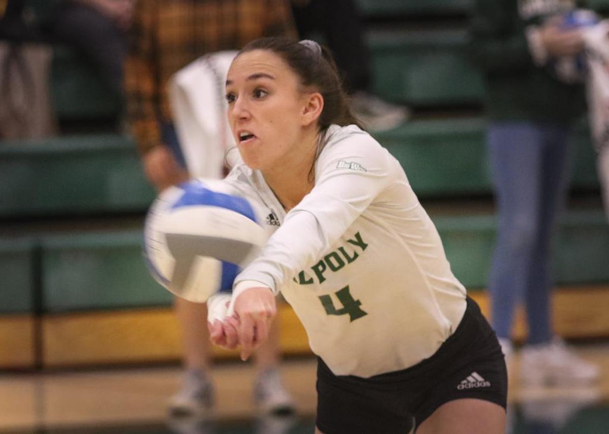 Lea Ungar digs the ball in the back row. Cal Poly improves to 16-6 with a three game win over CSUN on the way to a Big West showdown with rival for first place UCSB.