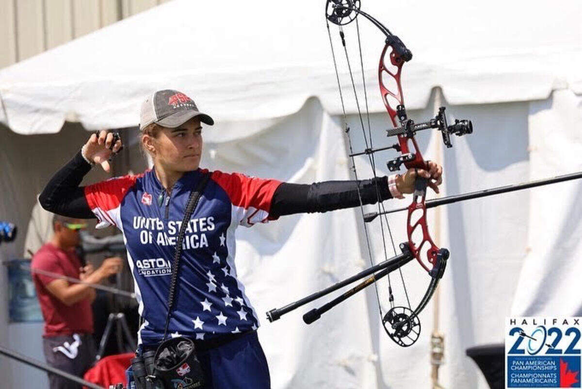 Bella Otter fires off an arrow at the 2022 Youth and Masters Pan American Championships in Halifax, Nova Scotia, in June 2022. The 19-year-old Atascadero resident and Cuesta College student won two gold medals.