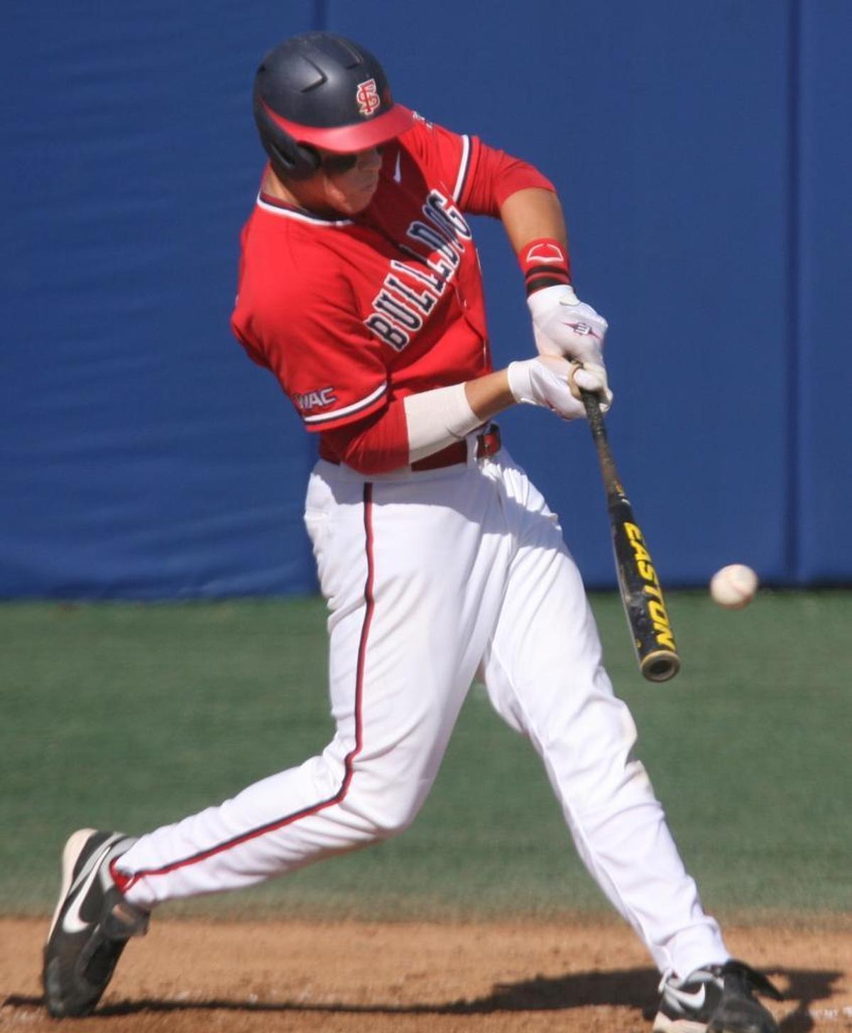 Fresno State’s Aaron Judge rips a line drive single to left as the team’s first hit against Stanford in the bottom of the fourth inning on March 4, 2012.
