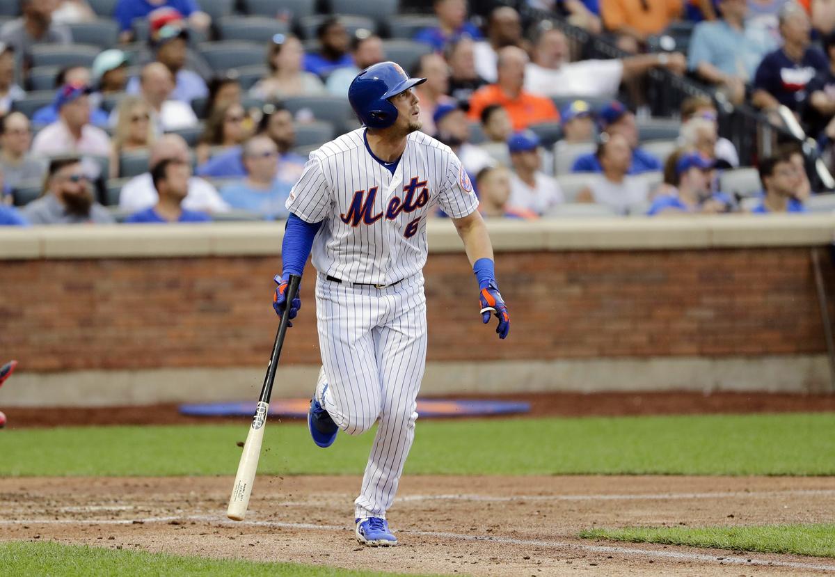 New York Mets’ Jeff McNeil watches his RBI-double during the fourth inning of a baseball game against the Atlanta Braves, Saturday, June 29, 2019, in New York. (AP Photo/Frank Franklin II)