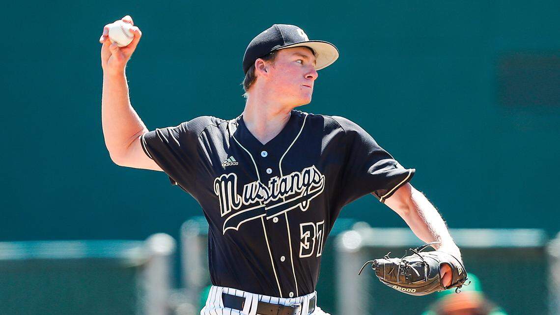 Derek True was selected in the final round of the MLB Draft by the Oakland Athletics, but remains unsigned. He throws here in a game Cal Poly baseball hosted against Hawai’i at Baggett Stadium.