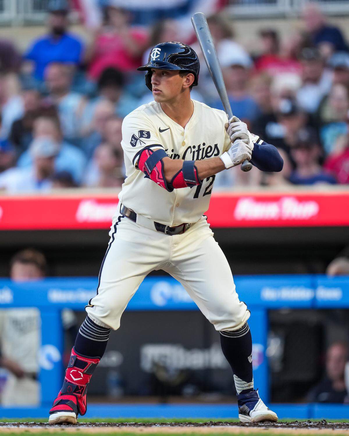 Brooks Lee at the plate for the Minnesota Twins in his MLB debut on July 3, 2024.