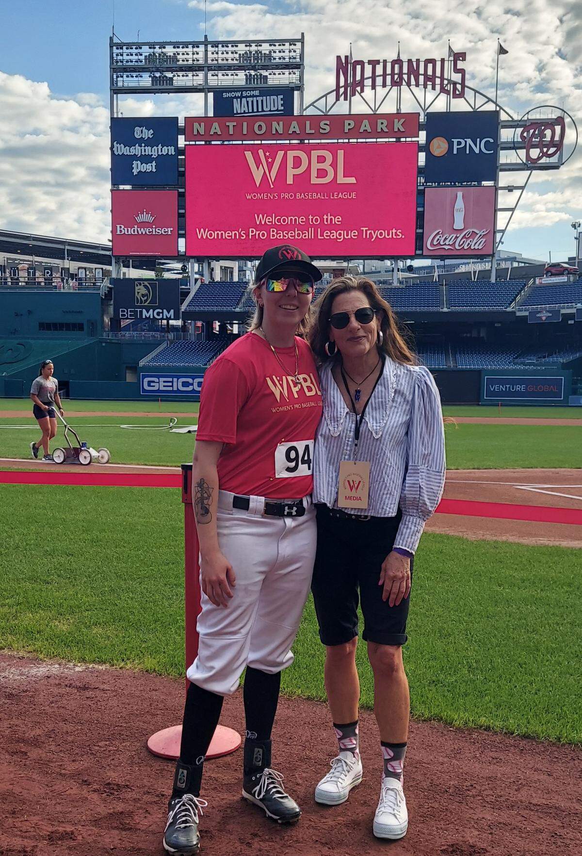 Arwen McCullough and C.J. Silas at the Washington, D.C., tryouts for the new Women’s Pro Baseball League.