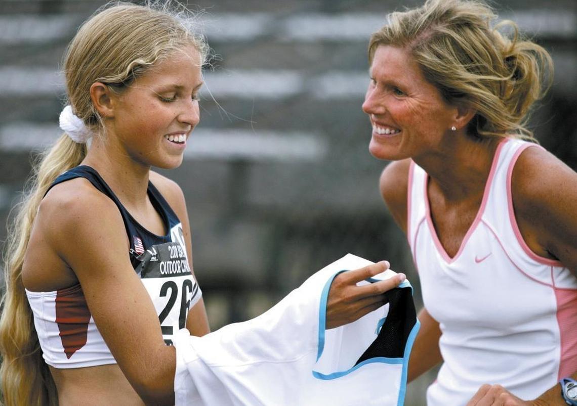 Jordan Hasay, left, stands with her mother, Teresa Hasay, during the U.S.A. Junior Track & Field Championship on June 22, 2008, at Ohio State University in Columbus, Ohio.