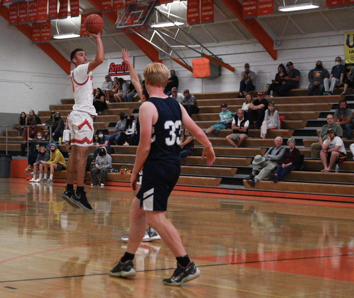 Drew Ardouin shoots a 3-pointer during a game at Atascacero High, from which he graduated in 2021. Ardouin went on to star at Cuesta College and now plays at the University of San Francisco.