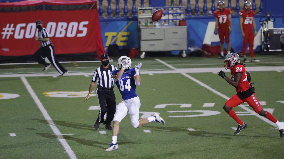 San Jose State receiver Bailey Gaither, a 2014 Paso Robles High School grad, hauls in a catch against UNLV. The Spartans won 34-17 on Nov. 14, 2020.