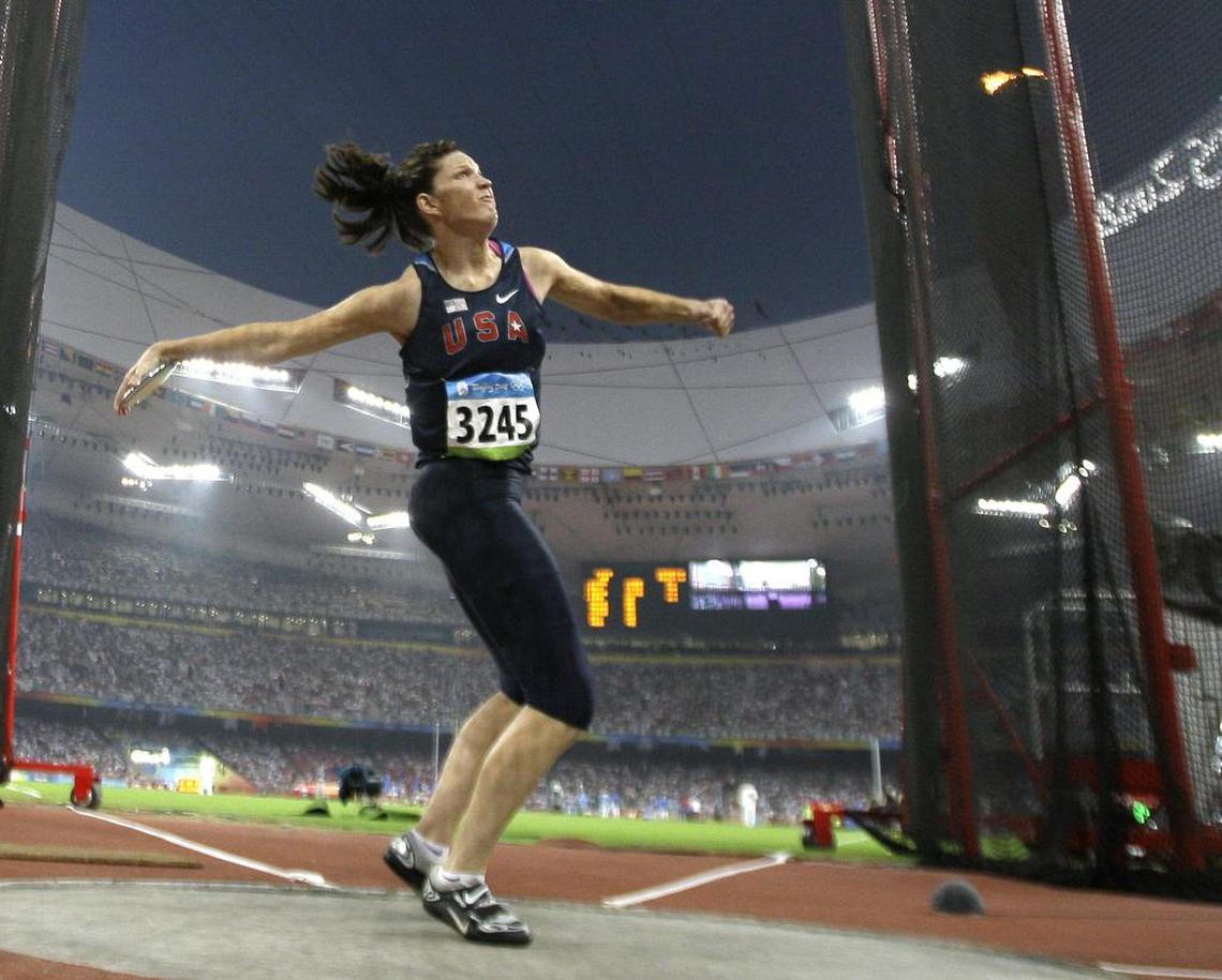Stephanie Brown Trafton competes in the women’s discus throw finals during at the Beijing 2008 Olympics.
