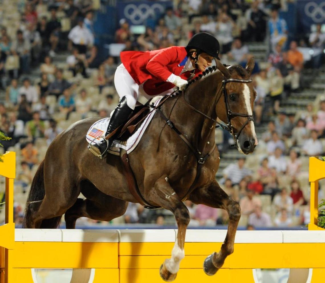 Gina Miles rides McKinlaigh during the show jumping portion of the equestrian eventing competition during the Beijing 2008 Olympics.