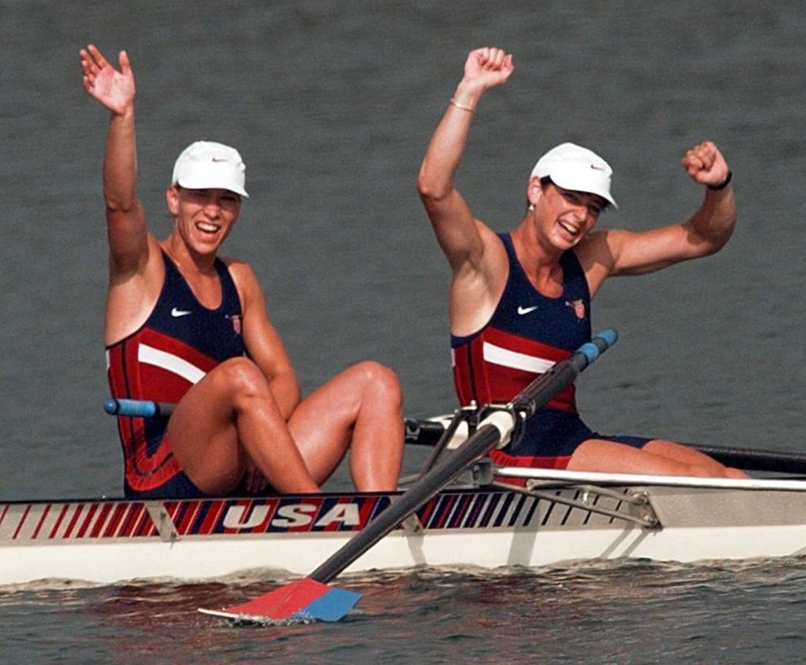 Karen Kraft, left, and Missy Schwen celebrate after winning the first heat of the women’s coxless pairs Olympic competition at the 1996 Olympics in Atlanta.