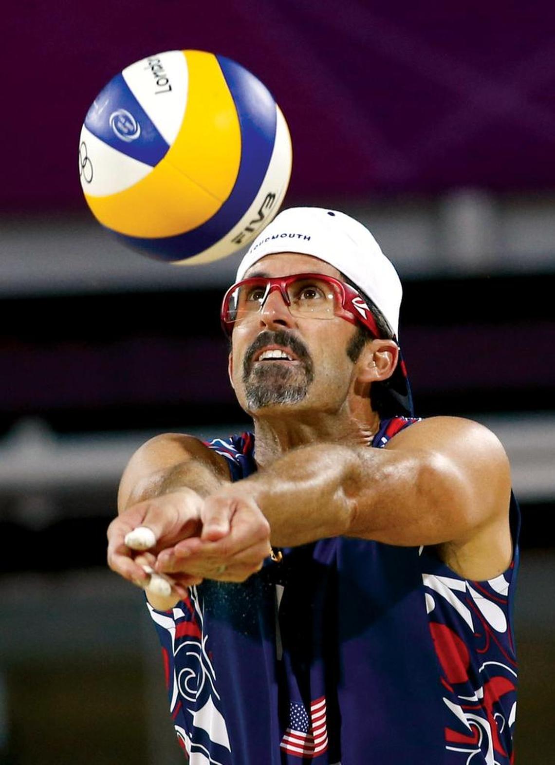 Todd Rogers returns the ball during a beach volleyball match against Czech Republic at the 2012 Summer Olympics in London.