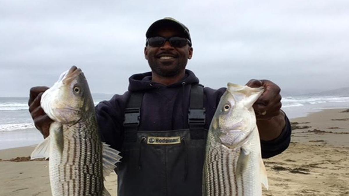 Madera resident Kevin Hubbard scored two stripers to go along with a 1 1/2-pound perch Saturday from the Strand. He was using lugworms and a carolina rig.