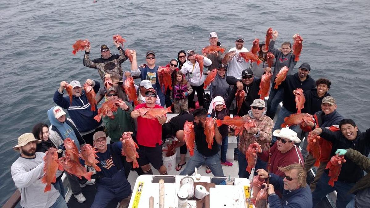 Anglers on the Virg’s Landing vessel Fiesta show off their red rockfish catch April 12.