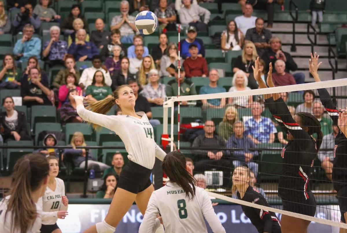 Madilyn Mercer goes for the kill in Cal Poly’s 3-0 Oct. 29 win over CSUN.
