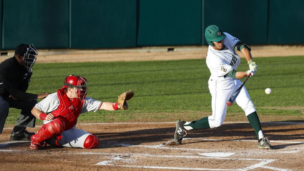 Alex McKenna swings at a pitch during Cal Poly’s nonconference baseball game against Nebraska Thursday at Baggett Stadium.