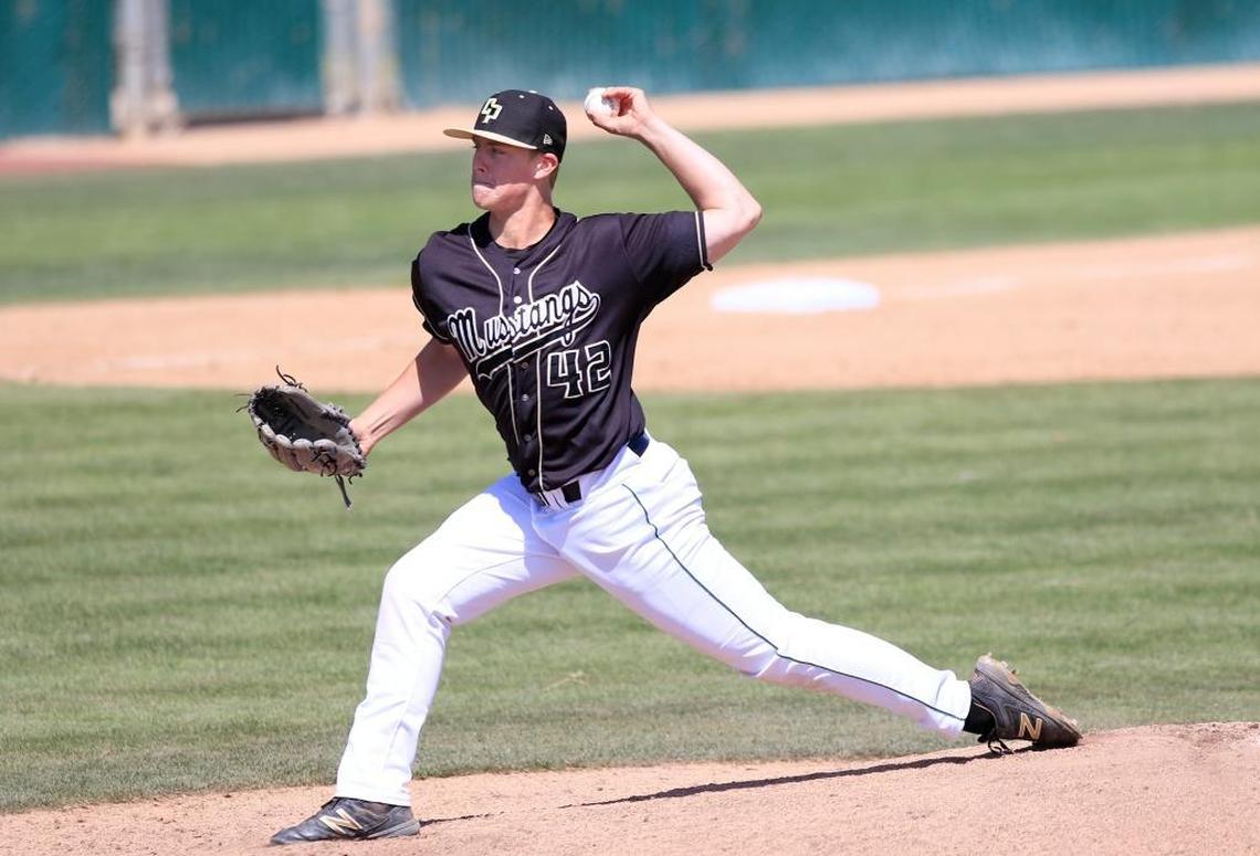 Former Cal Poly relief pitcher Justin Bruihl (42) led the Mustangs in appearances in 2016 with 25. Bruihl made his major league debut with the L.A. Dodgers on Sunday, Aug. 8, 2021.