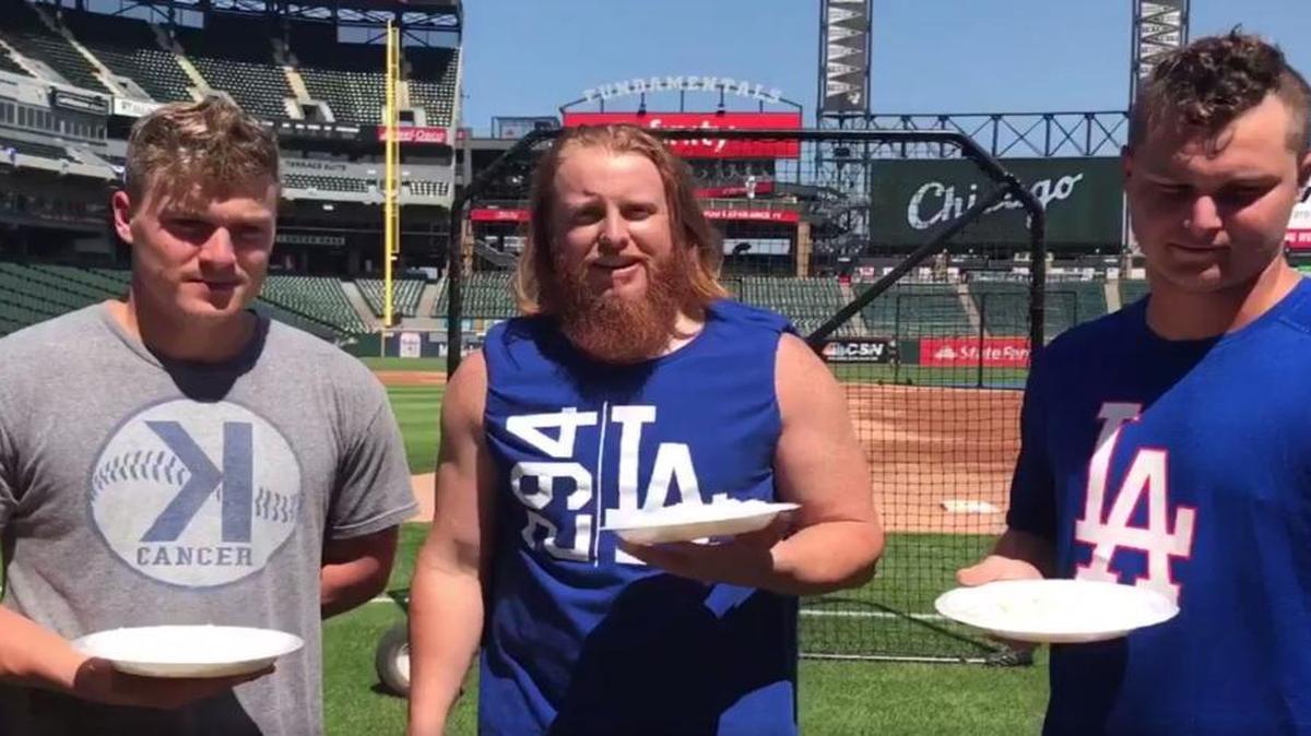MLB All-Star Justin Turner, center, participated in the “whipped cream challenge” created by the Arroyo Grande-based 17Strong Foundation, which honors the late Ryan Teixeira.