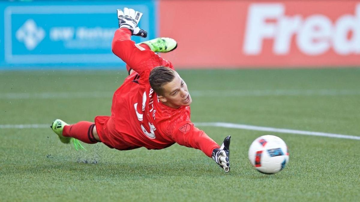 Former Cal Poly standout and current Portland Timbers goalkeeper Wade Hamilton (33) made his Major League Soccer debut Wednesday night at Providence Park.