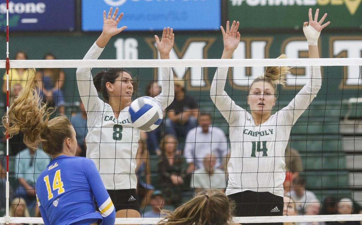 Cal Poly’s Avalon DeNecochea (8) and Madilyn Mercer (14) defend against UCLA at Mott Athletics Center in San Luis Obispo, California.