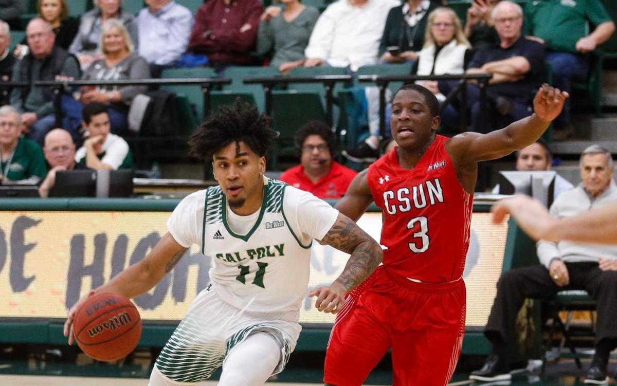 Marcellus Garrick looks for an opening. Cal Poly played host to CSUN in its Big West home opener at Robert A. Mott Athletics Center on Saturday, Jan. 12. David Middlecamp 1-12-2019
