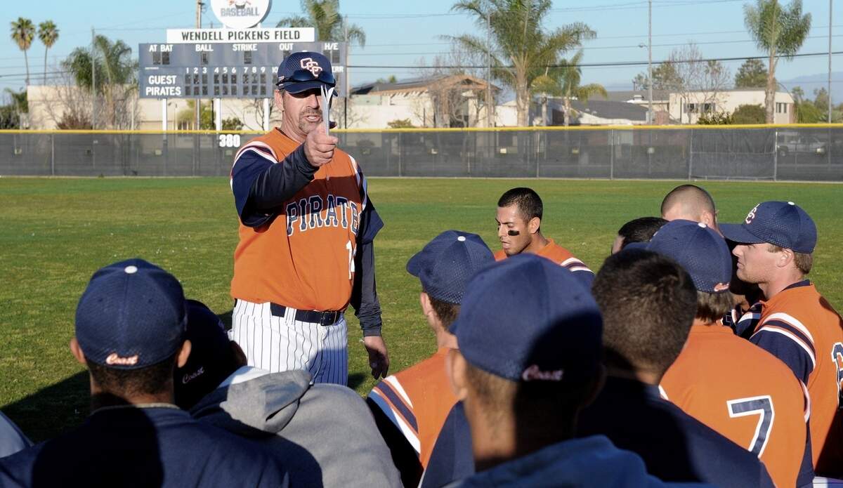 Orange Coast College baseball coach John Altobelli talks to his team in an undated photo. Altobelli was one of nine people, including Kobe Bryant, who died when the helicopter they were riding in crashed in Calabasas Sunday, January 26, 2020.